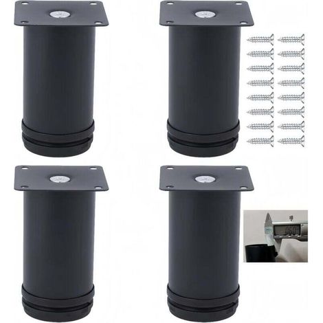 Lot de 4 pieds de meubles réglables en acier inoxydable, 50 mm x 60 mm, pieds de meubles de salle de bain, de bureau, de cuisine, hauteur réglable, vis en acier inoxydable (noir, 6 cm) (1/5)