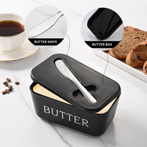 Burriera da banco con coperchio e coltello, burriera in PP per alimenti con coperchio e coltello in acciaio inossidabile, burriera grande nera (1/4)