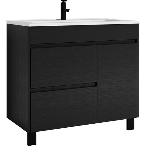 Badplaats – Meuble double vasque 80 cm en MDF et céramique – Noir bois – Dimensions 80x47x85 cm – Avec débordement pop-up (1/3)
