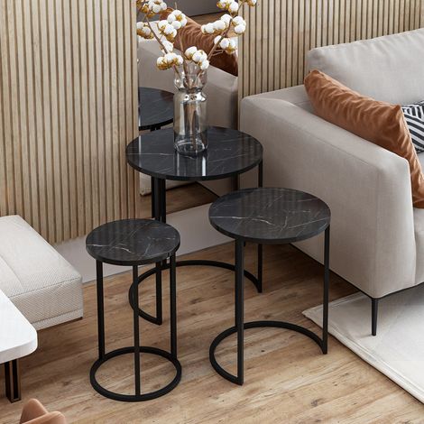 Couchtisch Daiano, 3er-Set, Rund, Tischplatte aus Edelhölzern, 50x50x58h cm, Schwarz (1/5)