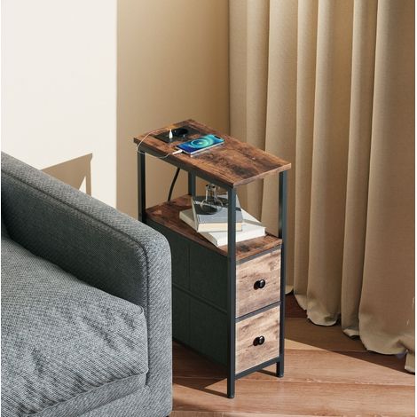 Tavolino laterale in legno marrone rustico 20 x 40 x 63 cm con presa integrata, 2 cassetti in tessuto (1/5)