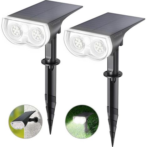VUSZR LED Solarlampen für Balkon, 6500K Tageslichtweiß Solarleuchte Licht-Sensorik Gartenstrahler, IP65 Wasserdicht Außenwandleuchte 800LM Solar Strahler für Palmen, Hauswand, StarRay Serie, 2 Stück (1/5)
