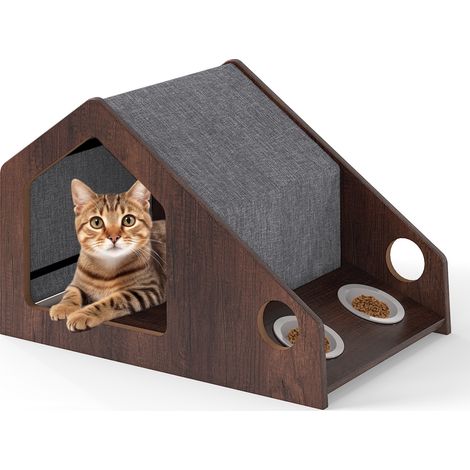 COSTWAY Wooden Cat Condo Furniture Modern Cat House w/Feeding Station