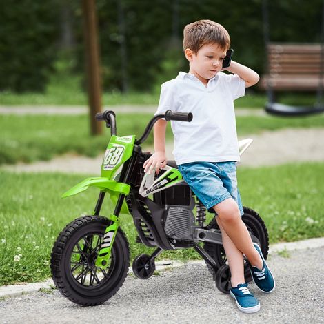 Moto eléctrica infantil (107x56x70 cm), con ruedas de entrenamiento, música, control de velocidad, plástico verde (1/5)