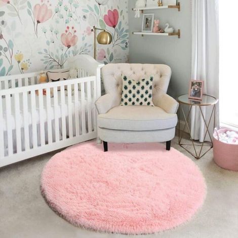 Tapis rond - - Poils longs - Rose - 160 cm - Anti-dérapant (1/4)