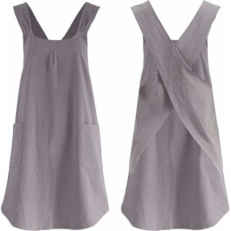 Couleur Unie Coton Lin Tablier avec Grandes Poches Style Japonais Halter Bandage Croisé Tabliers Rétro Littérature Bavoir Tabliers Femmes pour Cuisine Jardinage Fleuriste Grey (1/5)
