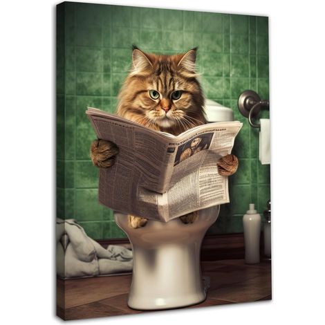 Encadré Drôle Chat Art Mural Décor Chat Dans les Toilettes Lecture Journal, Art Mural Sur Toile Vintage Pour Salle de Bain Toilette Décor 12x16 po (1/5)