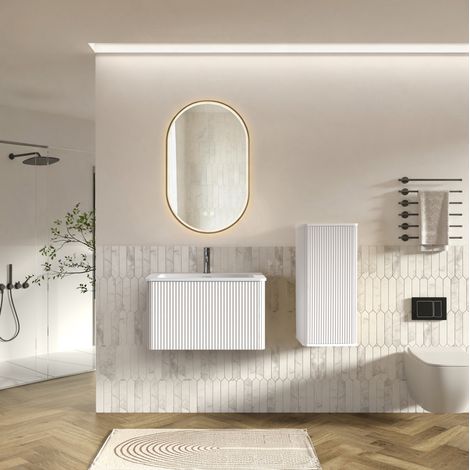 Mobile bagno con lavabo, specchio LED e colonna portaoggetti, a parete, bianco DESVIAE (1/5)