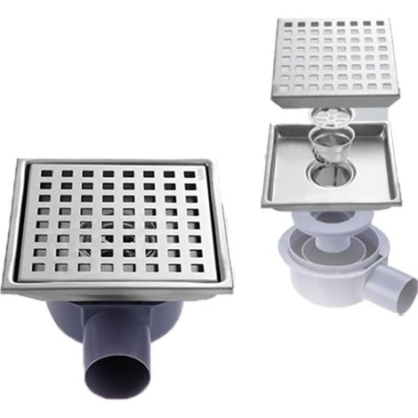 Caniveau de douche en acier inoxydable avec siphon 360°, siphon de sol, 15 x 15 cm, capteur d'odeurs et filtre à cheveux, 2 en 1, siphon de sol pour douche, salles de bains, sous-sols (1/4)