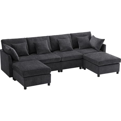 Canapé modulaire convertible en U et en L, avec 2 poufs et 6 coussins, ensemble de canapé moderne en tissu chenille, adapté au salon, à l’appartement et à différents espaces de vie. [old sku: N653P977 (1/5)