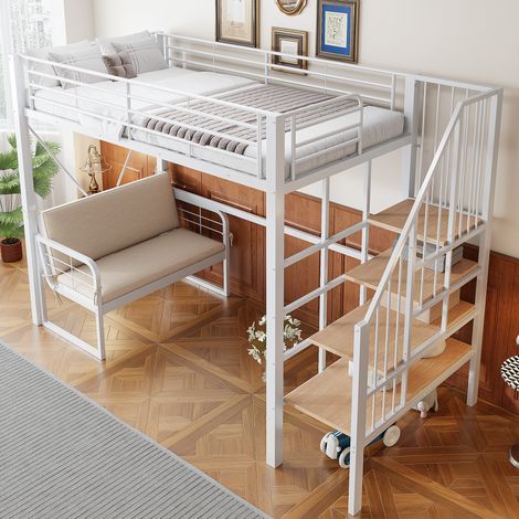 Letto rialzato bambini 90x200 cm con divano imbottito rimovibile e scala, in metallo bianco, materasso non incluso (1/5)