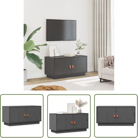 The Living Store Meuble TV Gris 80x34x40 cm Bois de pin massif - Meuble Tv - Meuble Téléviseur - Support Tv - Unité Tv - Bois Massif (1/5)