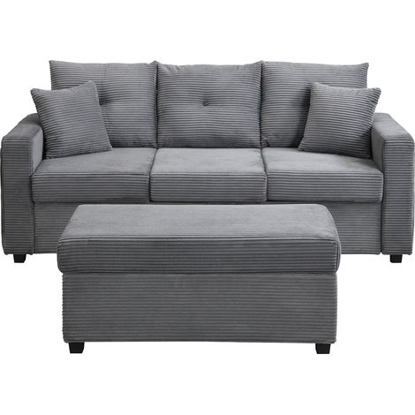 Canapé d'angle modulable 3 places avec pouf géant, éclairage LED intelligent, tissu velours côtelé doux, 5 coussins inclus, L184cm. (1/5)