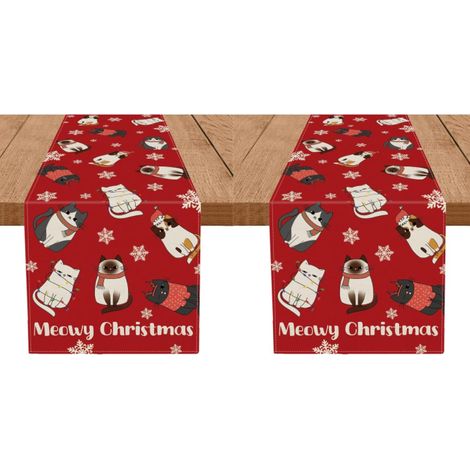 Camino de mesa navideño con gato y estampado de copos de nieve rojos, decoración de mesa para invierno y temporada navideña, 33 x 183 cm (2 piezas) (1/5)
