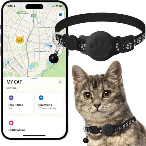 Collier pour chat compatible AirTag - Suivi GPS - Étanche et réfléchissant - Boucle de sécurité - Sans abonnement - Compatible iOS - Réglable de 19 à 33 cm (1/5)