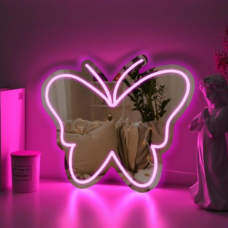 Miroir néon en forme de papillon : Alimenté par USB avec luminosité réglable — un objet de décoration intérieure idéal, adapté aux chambres, aux chambres d'enfants, aux salons et aux fêtes. (1/5)