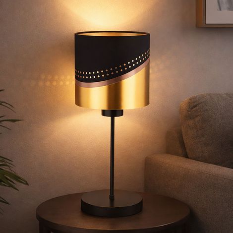 LED Tischleuchte Textil schwarz gold Beistellleuchte Retro Nachttischlampe Schlafzimmer, Metall, E27 Fassung, DxH 15x38 cm