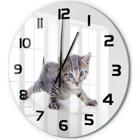 Horloge Murale Ronde Sans Cadre en Verre Trempé Silencieuse et Moderne Petit chat fi 60 cm (1/5)