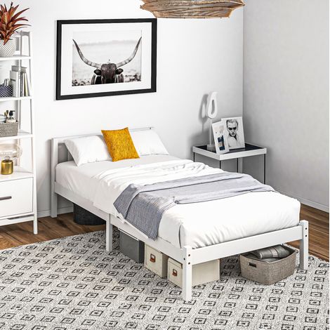 Estructura de cama individual de madera blanca 208 x 96 cm con somier y cabecero OKWISH (1/5)