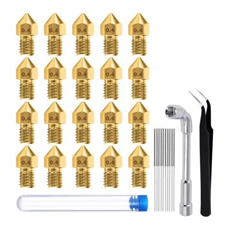Lot de 20 buses d'imprimante 3D MK8 de 0,4 mm, têtes d'impression en laiton avec outil de nettoyage, 1 clé à douille et 1 pince à épiler.