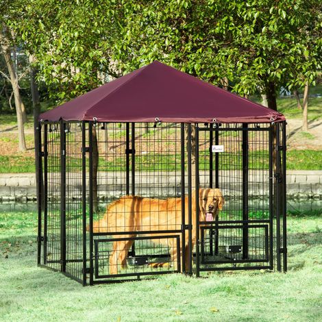 Enclos extérieur pour chien. Parc à jeux verrouillable en acier pour animaux de compagnie. 2 gamelles pivotantes et housse en tissu Oxford. Niche noire et rouge.