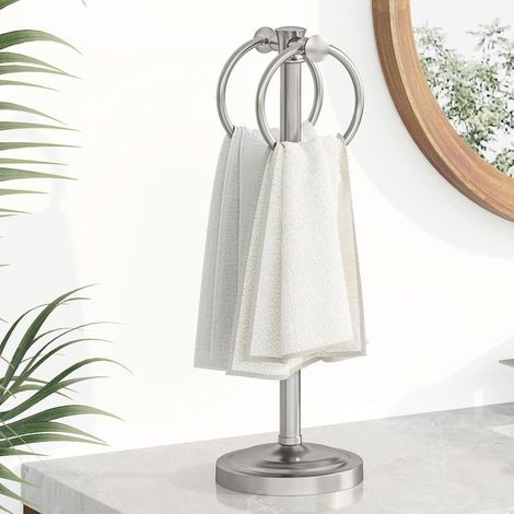 Porte-serviettes vertical en nickel brossé de 43 cm, double anneau porte-serviettes, porte-serviettes sur pied, ensemble d'accessoires de salle de bain, meuble-lavabo et porte-serviettes de cuisine (1/5)