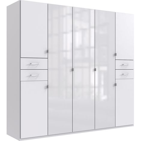 Armoire Placard, meuble de rangement coloris blanc et verre coloris blanc - Longueur 225 x Hauteur 208 x Profondeur 58 cm (1/3)