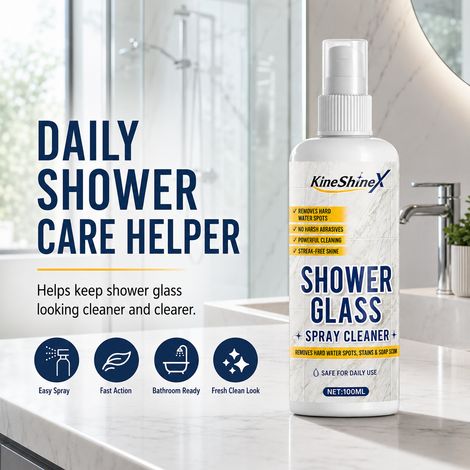 KineShineX Duschglasreiniger-Spray entfernt hartnäckige Wasserflecken, Kalkablagerungen und Seifenreste und ist für Badezimmerglas geeignet. (1/4)