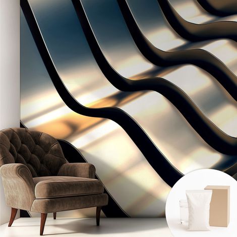 Papier peint intissé mural classique avec imprimé motifs décoratifs design élégant non‑tissé Vagues métalliques 250x250 cm (1/5)