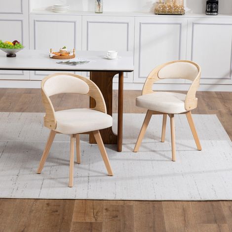 Lot 2 chaises salle à manger modernes bois 44x41x75cm, assise pivotante, coussin lin coton beige, dossier incurvé pour cuisine (1/5)