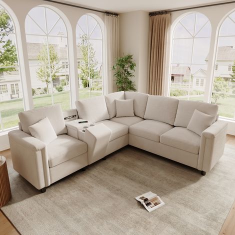 Canapé d'angle 5 places - 235x208x83 cm - usb et usb-c - rangement intégré - tissu chenille - forme en l - console centrale - beige (1/5)