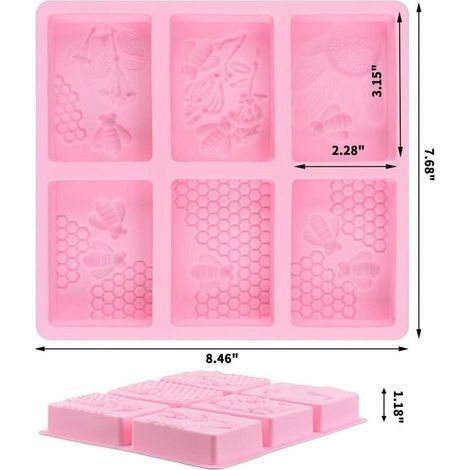 3D-Bienen-Silikonformen, Waben-Seifenformen, rechteckige Kuchenform, Bienenstock-Kerzenform aus Kunstharz für selbstgemachte Bastelarbeiten (quadratisch, rosa) (1/4)