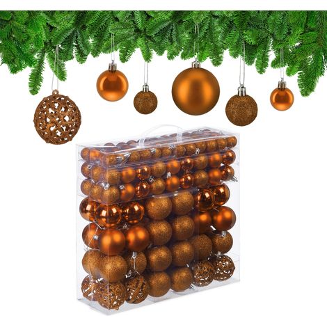 Relaxdays Set da 150 Palline di Natale, Addobbi Natalizi, Opache, Lucide, Glitterate, ∅ 3,4 e 6 cm, Decorazioni, Arancio (1/5)