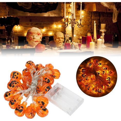 Guirlande lumineuse citrouille d'Halloween, 2 mètres de long, 20 LED, guirlande lumineuse citrouille d'Halloween solide, alimentée par piles, guirlande lumineuse LED, décorations d'Halloween intérieur (1/5)