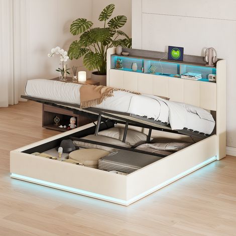 Polsterbett Doppelbett 140x190 cm mit LED-Beleuchtung, Modernes Jugendbett mit hydraulischem Stauraum, Bettgestell mit Kopfteil und Lattenrost, Velour Beige, Ohne Matratze (1/5)