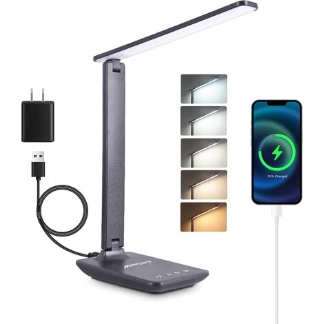 Lampe de bureau LED avec chargement sans fil, intensité réglable, fixation par pince, noire (1/5)