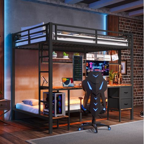 MEUBLIV Hochbett 140x200 cm Schwarz – mit Schreibtisch und LED, ohne Matratze (1/5)