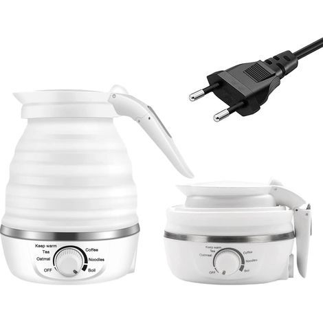 Zusammenklappbarer Wasserkocher, Mini-Reisewasserkocher, unabhängiges Stromkabel mit zwei Spannungen, Silikon mit Edelstahlboden (0,6 l, 110-220 V, EU-Version, weißer Stecker) (1/5)