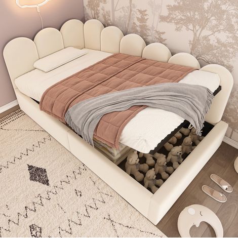Sofá cama 90/190 cm beige de terciopelo con almacenaje hidráulico (1/5)