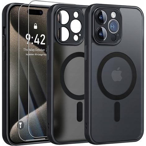 Funda MagSafe negra mate para Apple iPhone 16 Pro Max + 2 protectores de pantalla de cristal (1/5)