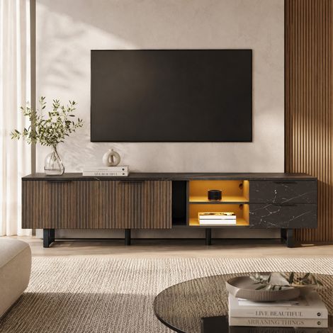 Mueble TV 200x38x50 cm negro MDF, 2 puertas 2 cajones y LED con app (1/5)