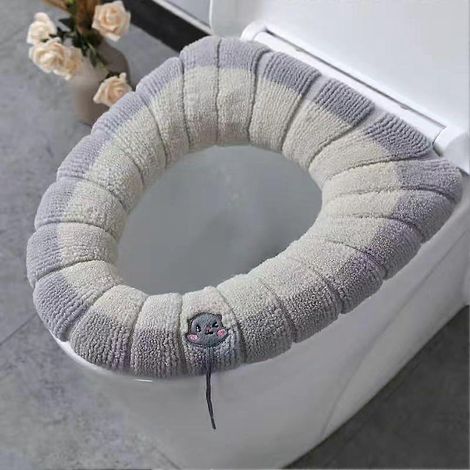 Housse de siège de toilette chaude en polyester, coupe ajustée, compatible avec les toilettes rondes et allongées, beige avec liseré gris. (1/5)