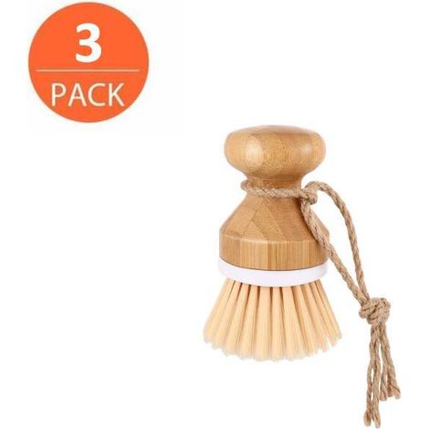Set di 3 spazzole per piatti in bambù naturale per la pulizia della cucina (1/4)