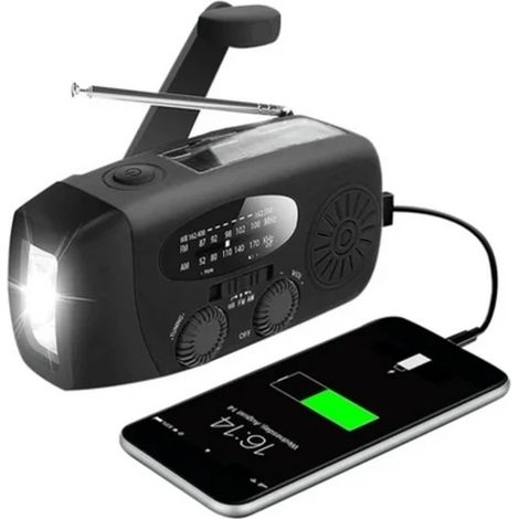 Radio d'urgence à manivelle, noire et rouge, avec cellule solaire, lampe torche et batterie externe 2000 mAh, modèle survie noir. (1/5)