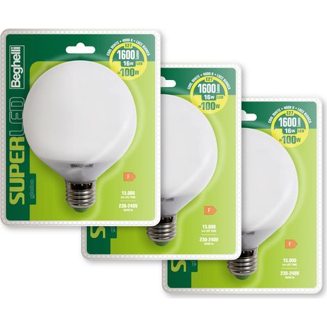 Beghelli - Lampadina Led E27 16W Luce Bianca Neutra, Globo SUPER Led, 1600lm, 4000K, Efficiente e Facile da Installare, Durata 15000 Ore, per Interni - 3 pz (1/5)