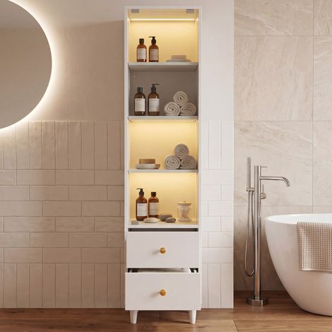 Vitrine LED 165 x 40 x 35 cm vitrine en verre de 35 cm de haut 2 tiroirs meuble de collection poignées dorées blanc moderne (1/5)