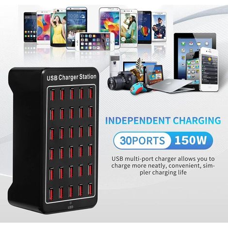 Caricabatterie USB a 30 porte - 150 W/30 A, caricabatterie intelligente, hub di ricarica da tavolo, stazione di ricarica multiporta, compatibile con Samsung/iPhone/iPad/Google Pixel/tablet e altri dis (1/4)