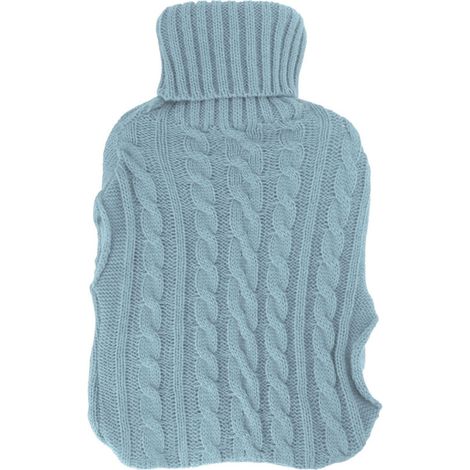 Bouillotte en caoutchouc anti-explosion – Bleu clair – Grande bouillotte à double insertion mains, housse tricotée torsadée (1/5)