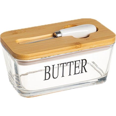Mantequera, Caja de cristal para mantequilla, Con tapa de bambú y espátula, Caja rectangular para queso, Transparente, de madera, 600 ml (1/5)