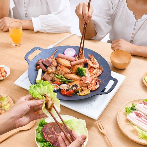 Poêle à griller, casserole de camping, ustensiles de cuisine de camping, poêle à griller en pierre Maifan, poêle à barbecue ronde teppanyaki 38cm